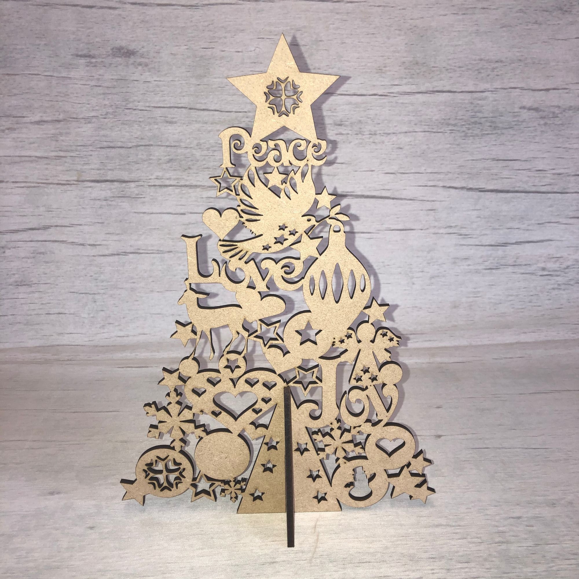 Christmas Tree 'Peace, Love, Joy' - freestanding Wooden Craft Shape