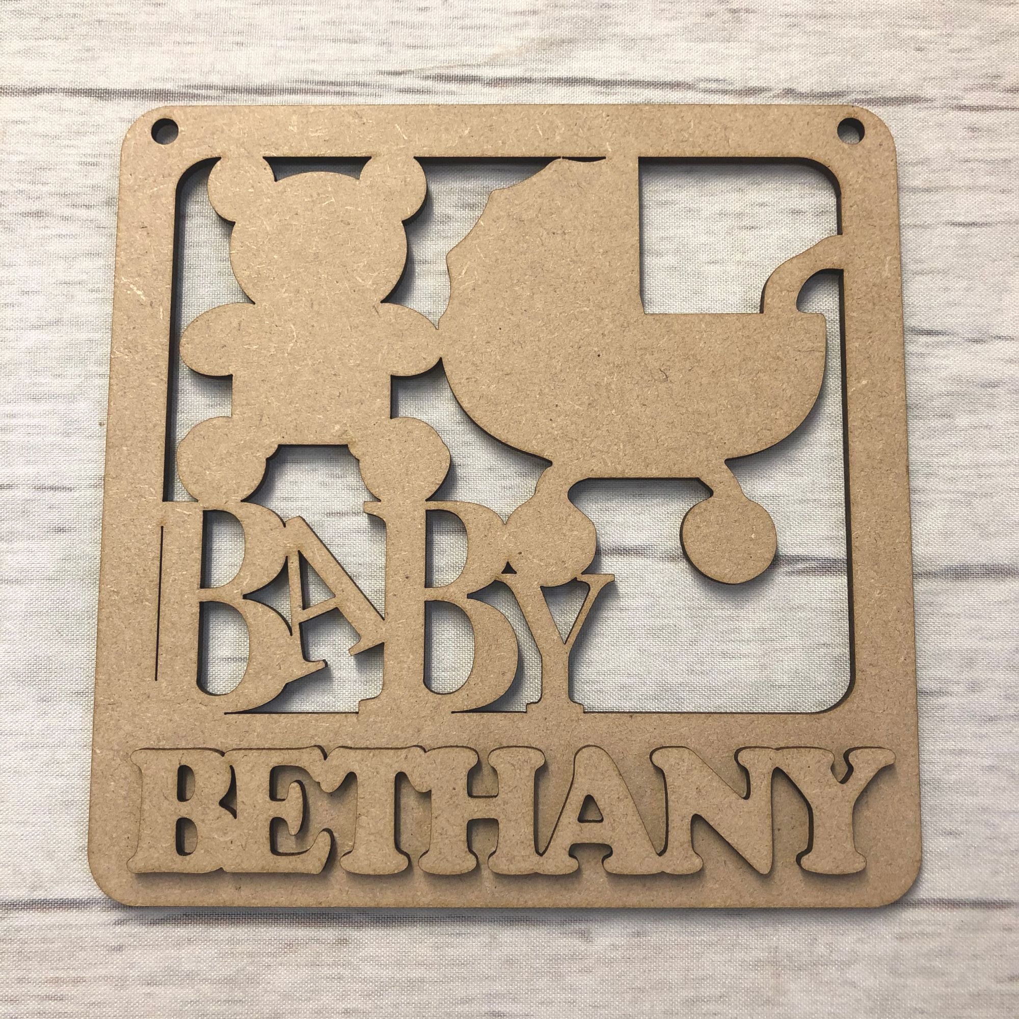 Nursery plaque - Personalised Teddy & Pram design Wooden Craft Shape