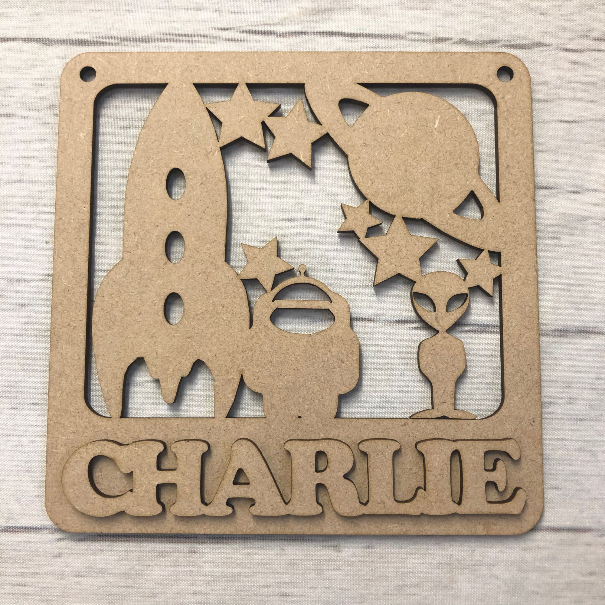 Nursery plaque - Personalised Space man & Rocket design Wooden Craft Shape