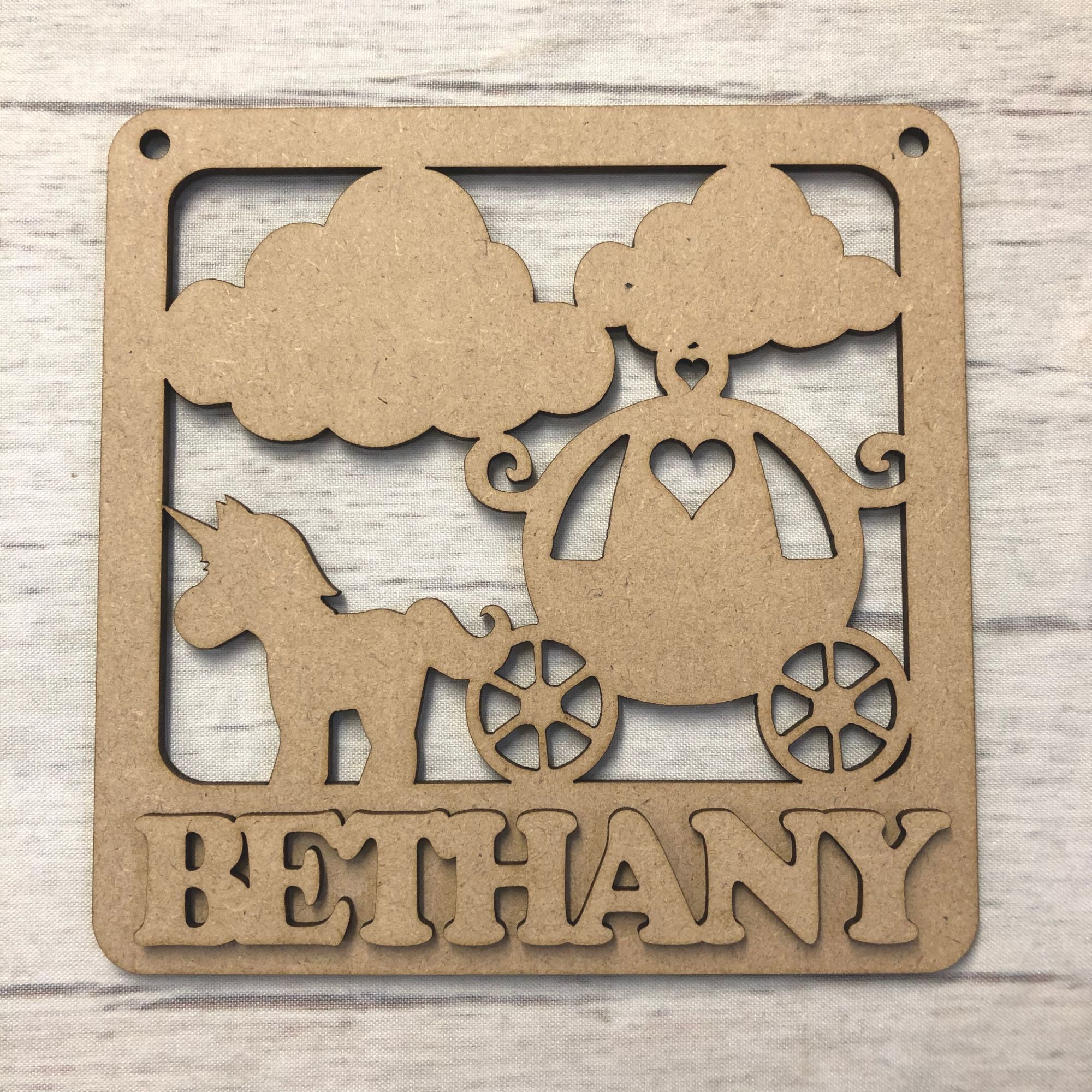 Nursery plaque - Personalised Unicorn & Carriage design Wooden Craft Shape