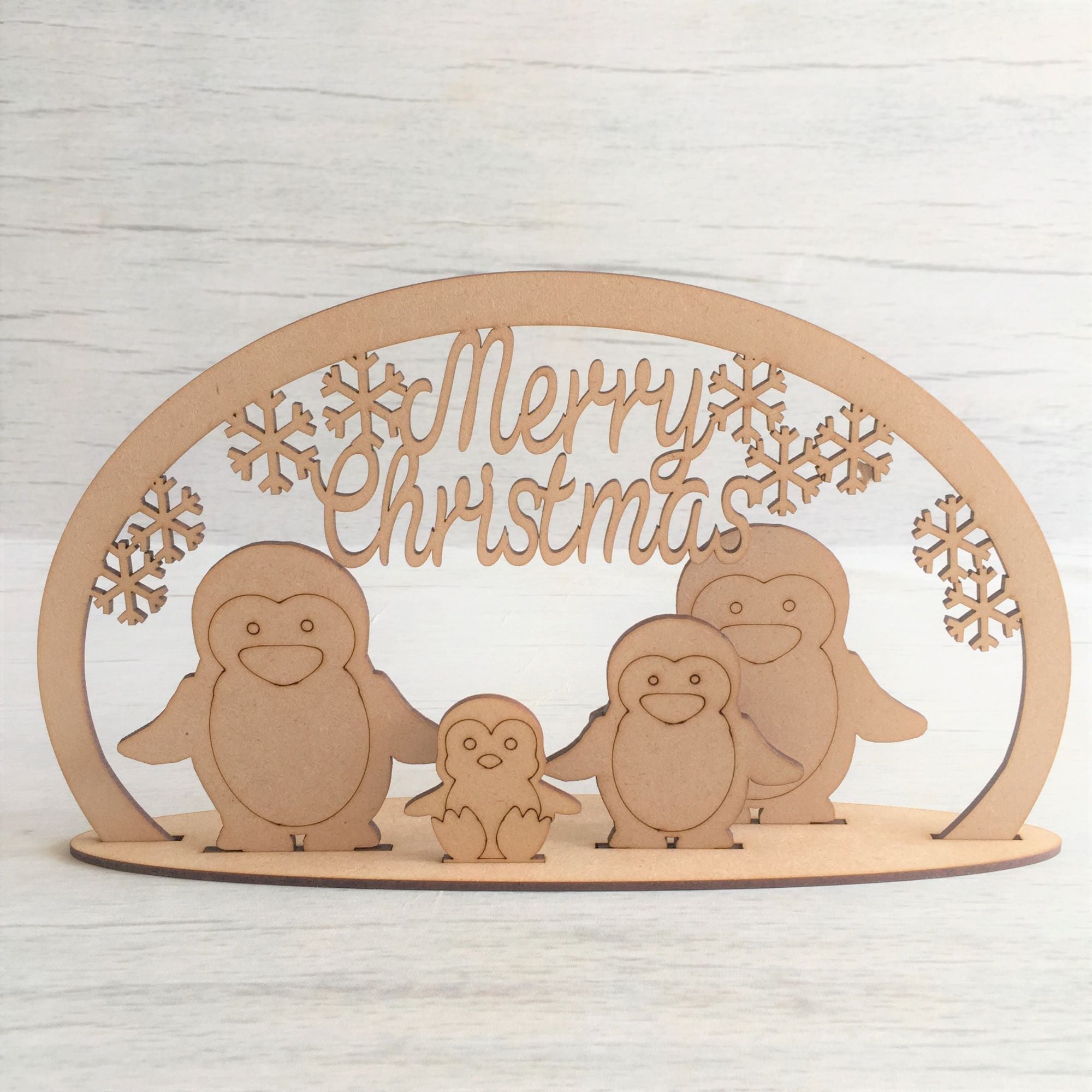 Christmas Penguin family scene - freestanding Wooden Craft Shape