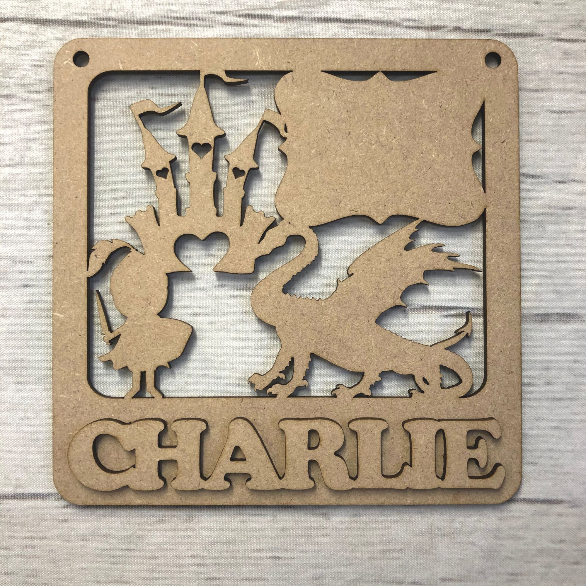 Nursery plaque - Personalised Dragon & Knight Wooden Craft Shape