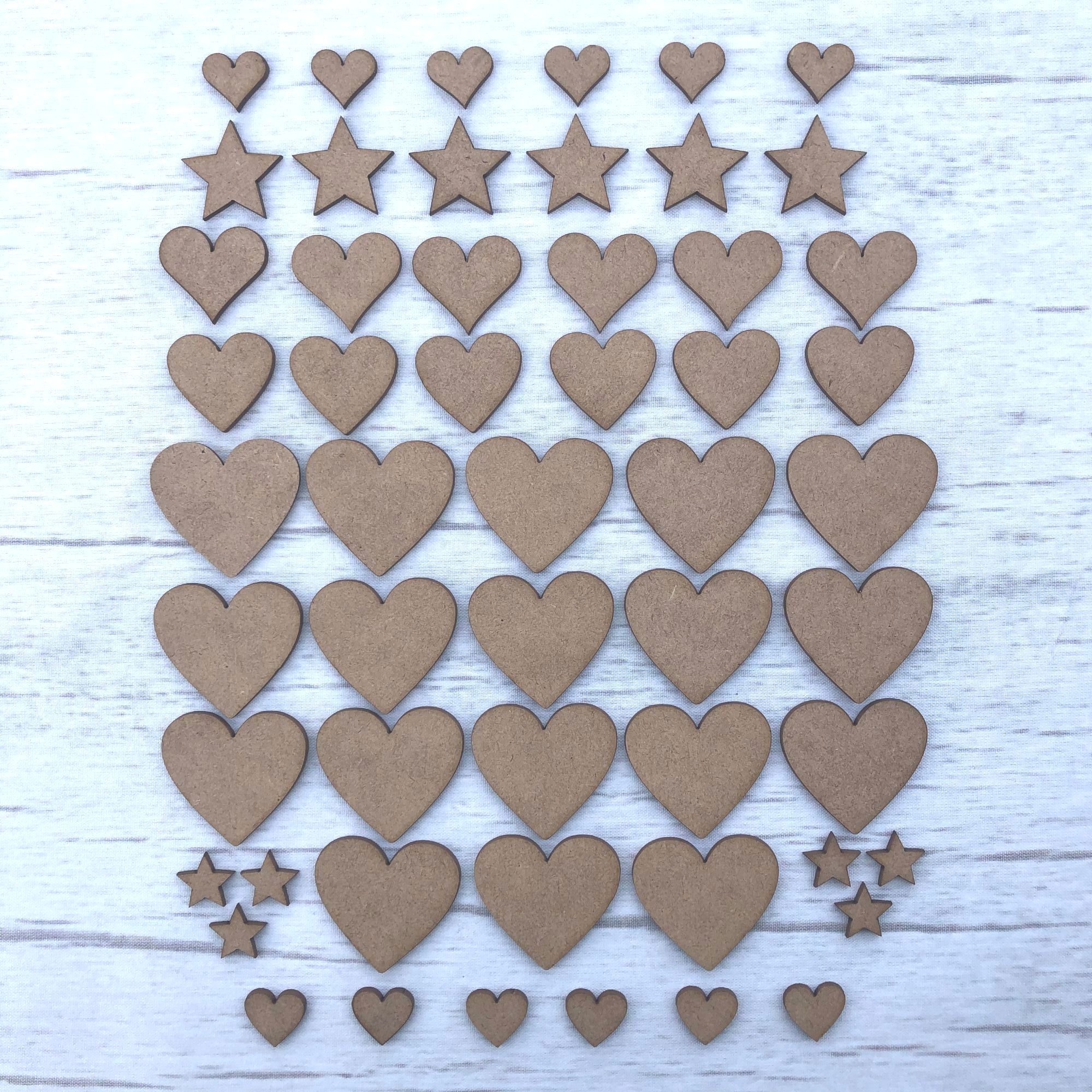 Embellishments set of 54 hearts and stars Wooden Craft Shape