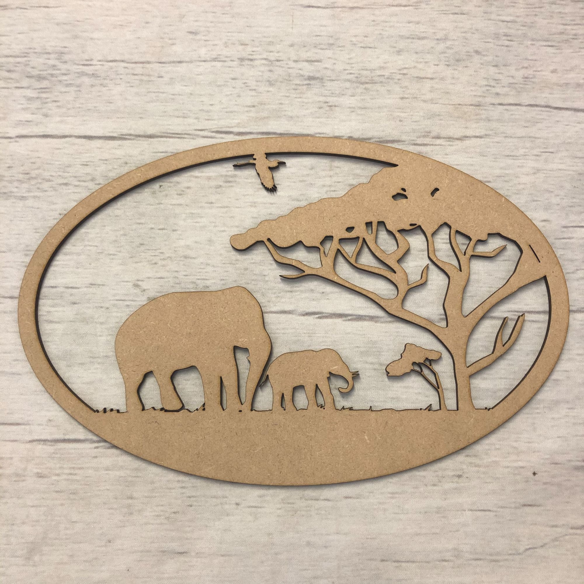Box topper - keepsake memory box - Elephant scene Wooden Craft Shape